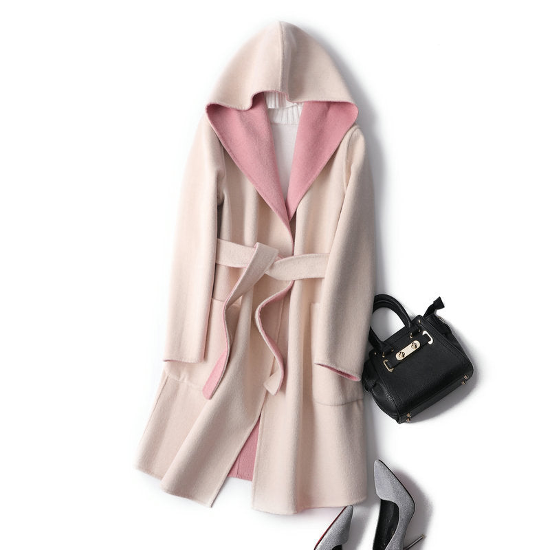 Two-in-One Wrap Coats: Women's Double-sided Quiet Luxury Pastel Mid-length Pure Wool Wrap Coat with Hood
