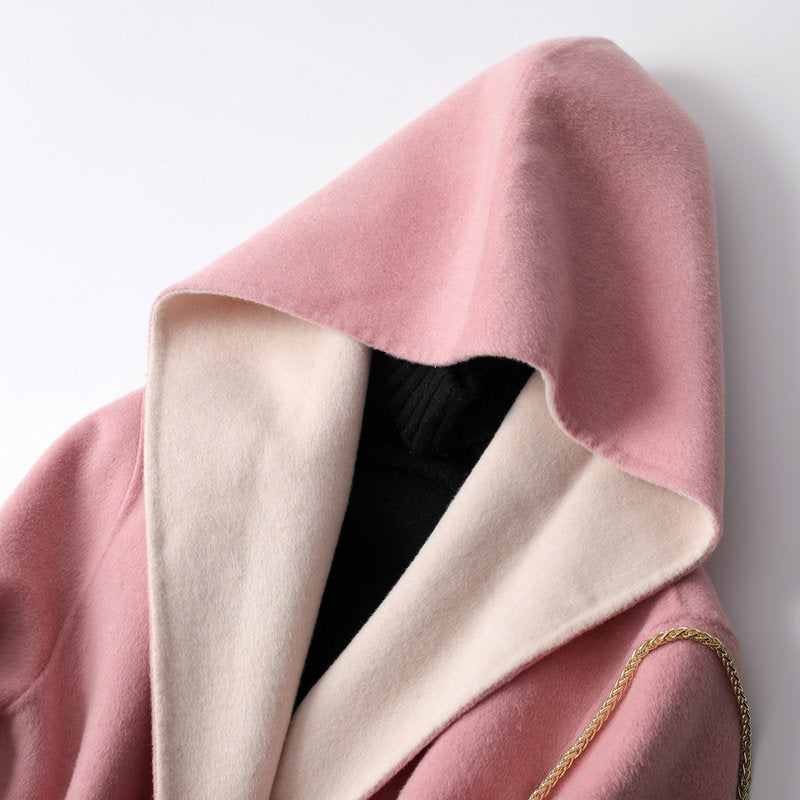 Two-in-One Wrap Coats: Women's Double-sided Quiet Luxury Pastel Mid-length Pure Wool Wrap Coat with Hood
