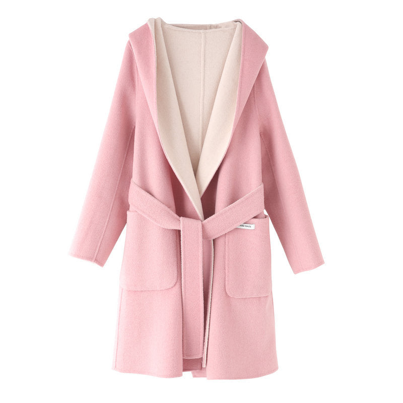 Two-in-One Wrap Coats: Women's Double-sided Quiet Luxury Pastel Mid-length Pure Wool Wrap Coat with Hood