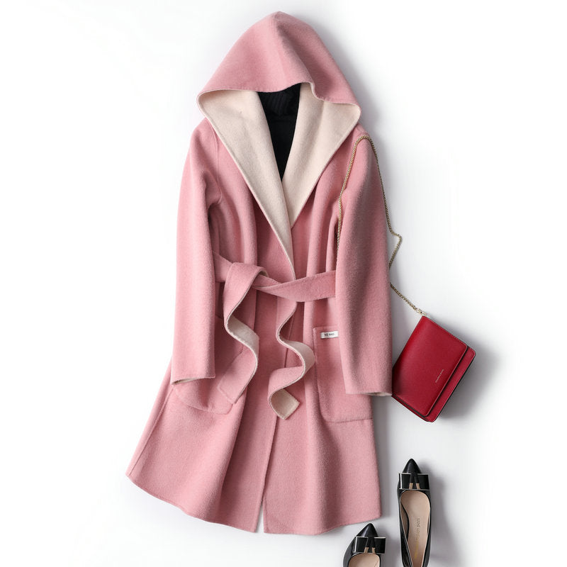 Two-in-One Wrap Coats: Women's Double-sided Quiet Luxury Pastel Mid-length Pure Wool Wrap Coat with Hood