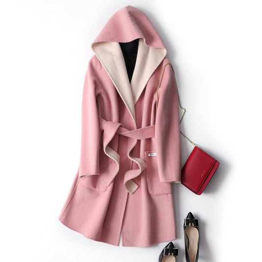 Two-in-One Wrap Coats: Women's Double-sided Quiet Luxury Pastel Mid-length Pure Wool Wrap Coat with Hood