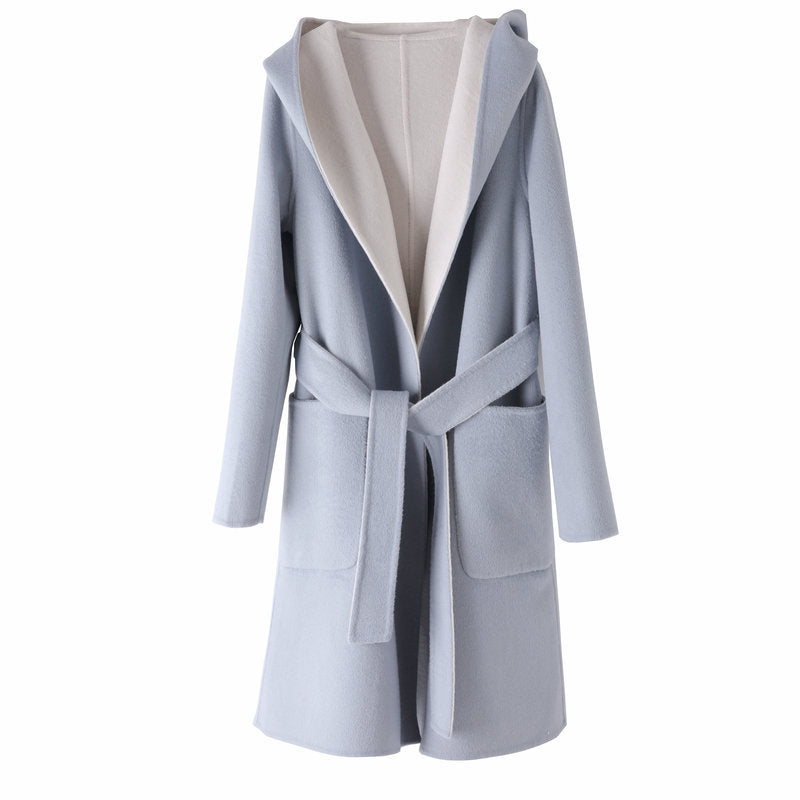 Two-in-One Wrap Coats: Women's Double-sided Quiet Luxury Pastel Mid-length Pure Wool Wrap Coat with Hood