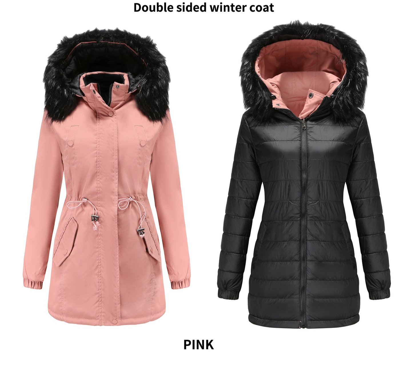 4-in-1 Parka: Women's Double-sided Cotton-padded Jacket and Removable Faux Fur Rim Hood