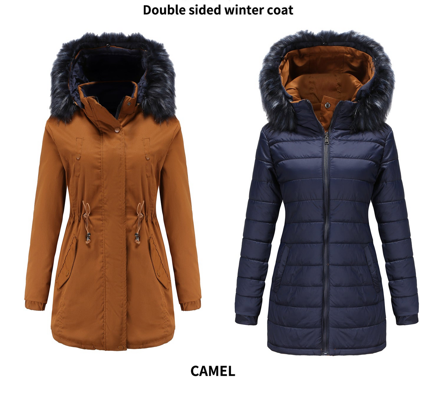 4-in-1 Parka: Women's Double-sided Cotton-padded Jacket and Removable Faux Fur Rim Hood