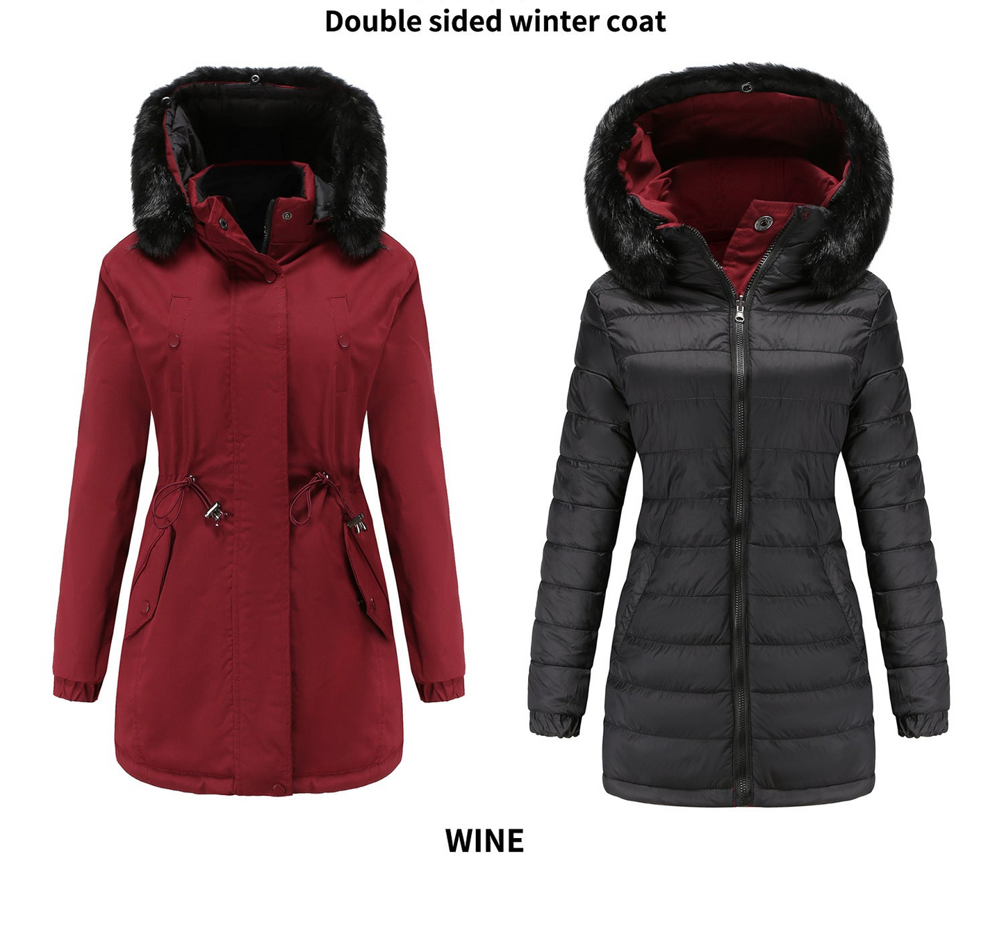 4-in-1 Parka: Women's Double-sided Cotton-padded Jacket and Removable Faux Fur Rim Hood