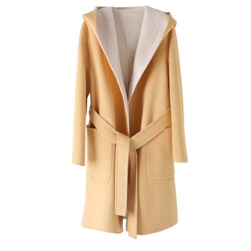 Two-in-One Wrap Coats: Women's Double-sided Quiet Luxury Pastel Mid-length Pure Wool Wrap Coat with Hood