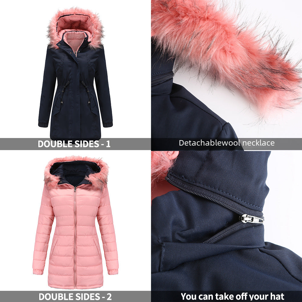 4-in-1 Parka: Women's Double-sided Cotton-padded Jacket and Removable Faux Fur Rim Hood