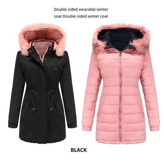 4-in-1 Parka: Women's Double-sided Cotton-padded Jacket and Removable Faux Fur Rim Hood