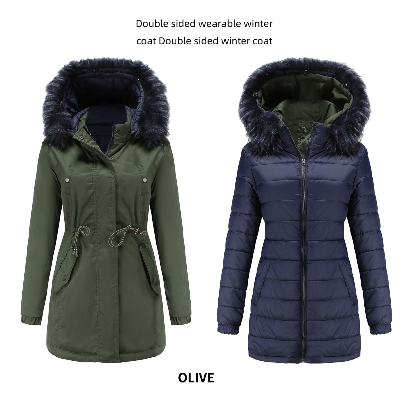 4-in-1 Parka: Women's Double-sided Cotton-padded Jacket and Removable Faux Fur Rim Hood